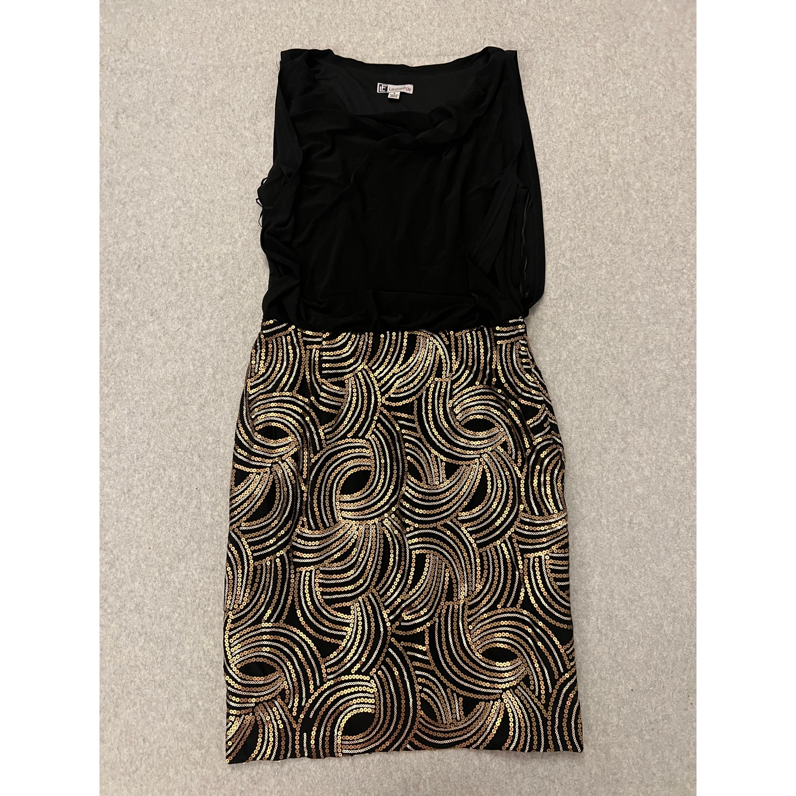 Leslie Fay Sheath Dress Womens 8 Gold Sequin Swirl Skirt Cocktail Evening Black